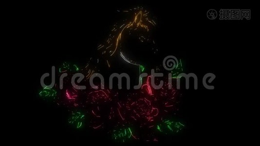 一匹带有玫瑰的马的数码动画，以霓虹灯的风格点亮视频