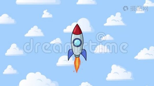 卡通火箭在蓝色的天空中飘起蓬松的云彩。 后台无缝循环动画..视频