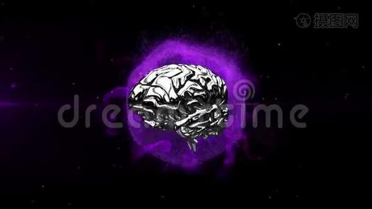 3d金属人脑在黑色背景下在发光的紫色地球上旋转的动画视频