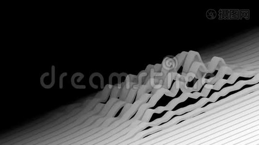 白色条纹在黑色背景上形成极简主义的地形表面。 抽象CG动画循环.. 3d视频