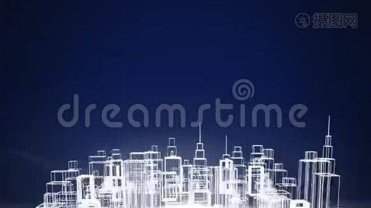 蓝色背景旋转的现代城市三维建筑模型白色轮廓动画视频