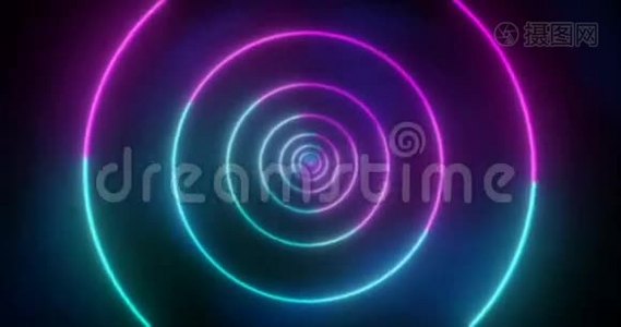 摘要无缝环粉红色和蓝色霓虹灯V J科幻隧道的圆圈形式视频