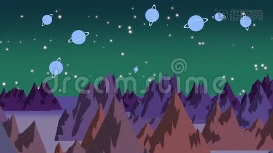 卡通动画背景与行星和山脉的空间，抽象背景视频