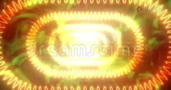 圆形矩形、螺旋形的无尽橙色霓虹灯隧道视频
