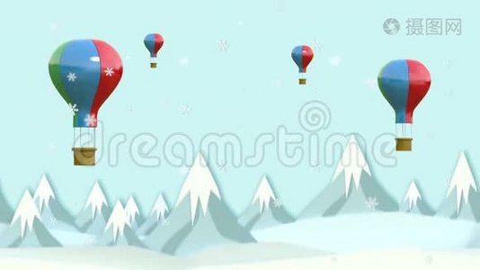 动画动作，气球漂浮在高山之上，覆盖着雪。 秒2-8可以为循环切割视频