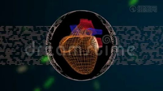 一个抽象的脉动心脏在网格结构上的离焦黑暗背景与彩色线性粒子。视频