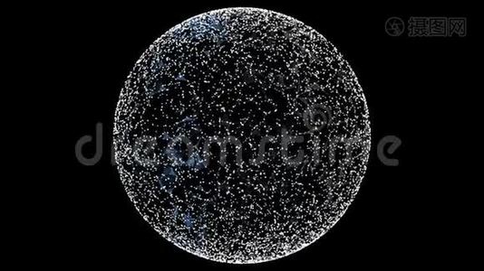 黑色背景上旋转的白色圆形粒子和丛网的极简主义球体。视频