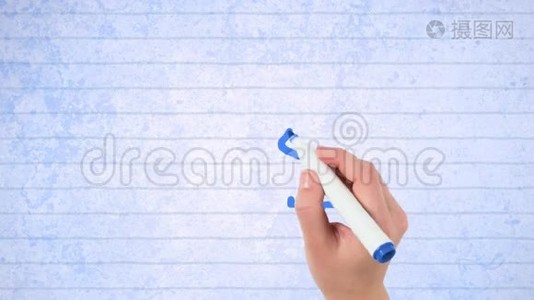蓝色轮廓的动画，人们在白纸上用记号笔绘制图标视频
