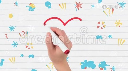 用白纸上的记号笔绘制红色轮廓心脏图标动画视频