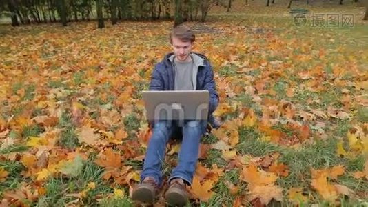 年轻的男性it创业程序员使用笔记本电脑在秋天公园的落叶地毯上工作视频