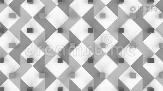 在白色正方形和灰色图案背景上移动三维立方体视频