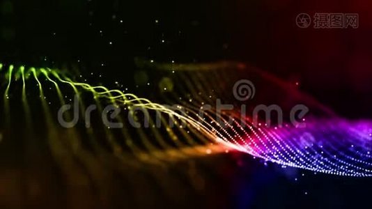 4k循环科幻背景与波克和光效。 渐变色粒子形成线、面、线视频