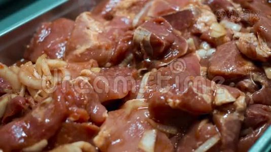 用洋葱、胡椒和香料腌制的肉排，用于烤火或炭烤视频