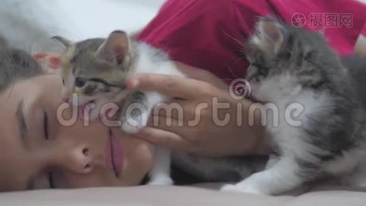 小女孩和黑白绒毛两只小猫躺在床上。 女孩猫抚摸小猫慢动作视频视频