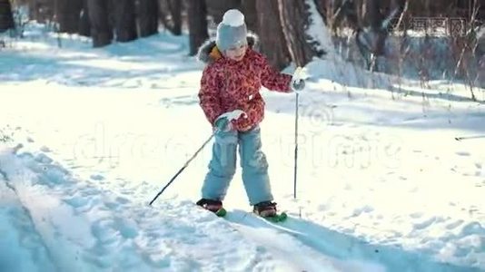 小女孩正在学习越野滑雪视频