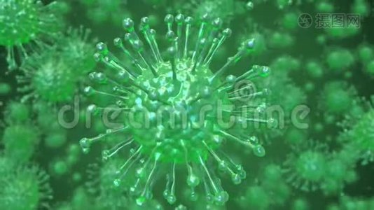 多个绿色冠状病毒COVID-19，循环运动背景视频