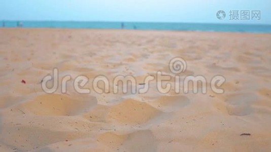 一个年轻女孩的腿站在海滩上。 近距离射击。视频