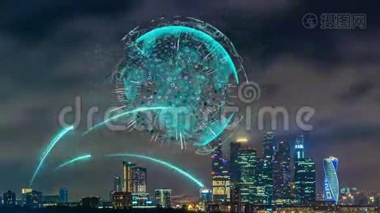 智慧城市和通信网络理念.. 夜晚的城市时光流逝与未来的电信元素视频