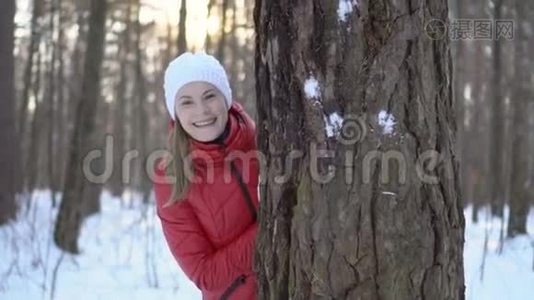 迷人的年轻女子在冬季公园，玩雪球，玩得开心，微笑。 慢速视频视频