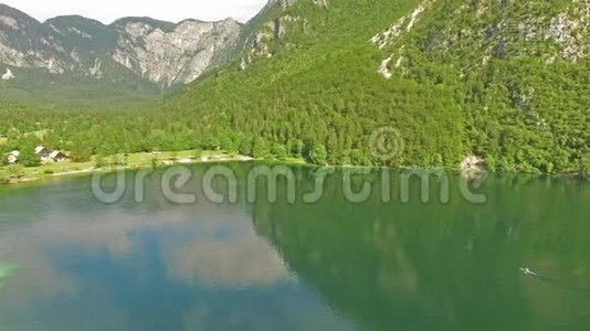 空中：在美丽的斯洛文尼亚博欣吉湖划船的人视频