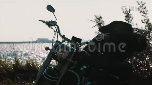 停泊在海边灌木丛中的黑色直升机摩托车视频