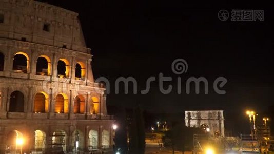意大利，罗马。 晚上的竞技场。 君士坦丁凯旋门视频