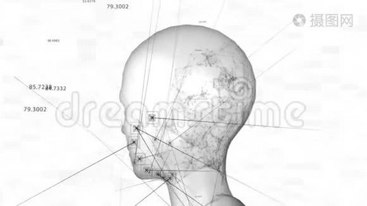 三维渲染与数字表示的人的脸。 面部识别技术视频