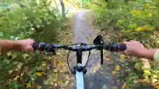 女孩骑自行车穿过森林。 在森林里骑自行车的人视频