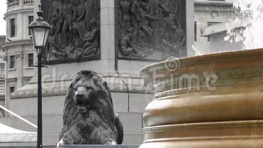 狮子在喷泉背景下的石雕。视频