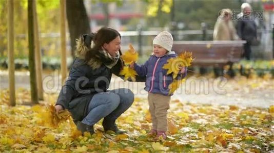 快乐的年轻妈妈和她的小女儿在秋天的公园里玩，妈妈和女孩扔树叶和笑视频