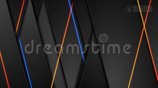 黑色技术抽象视频动画，蓝色和橙色霓虹灯激光线视频