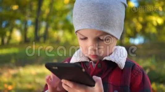 男孩正在秋天公园玩智能手机游戏。视频