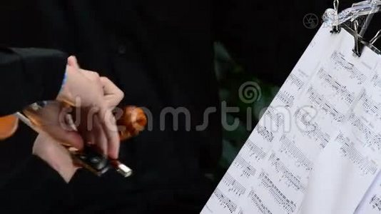 在音乐会上演奏小提琴或中提琴的音乐家，演奏副歌或音乐片视频
