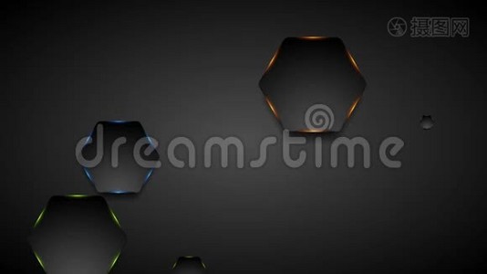 黑色科技六边形与五颜六色的发光抽象运动背景视频
