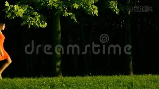 美丽的黑发女孩，穿着红色连衣裙，从左到右走在公园的草地上，侧面看。 慢动作视频