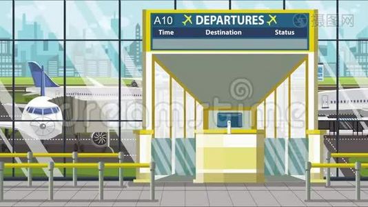 机场航站楼的离港板上有吉达字幕。 前往沙特阿拉伯可循环卡通动画视频