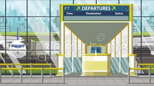 机场航站楼的离港板上有波特兰字幕。 前往美国可循环卡通动画视频