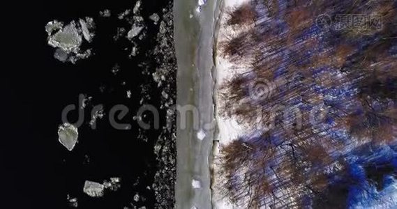 基辅的Dnieper河上有树木、冷冻水、冰雪的空中景观。 冰来到河岸。视频