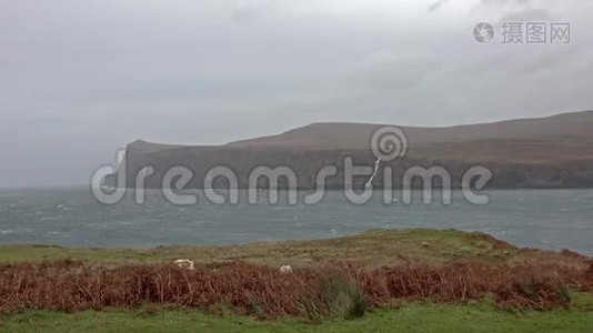 从下米洛瓦格-斯凯岛看到的悬崖上的秋雨卡勒姆停止和逆转了左边的瀑布视频