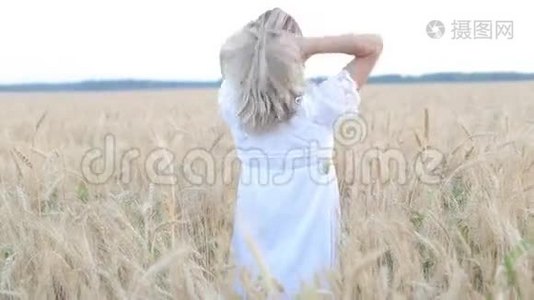 美丽的年轻女子站在一个举起手臂的田野里视频