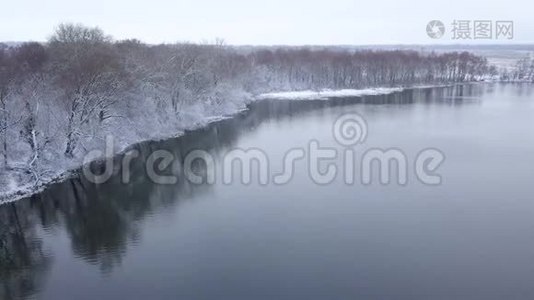 从高处到冬天森林覆盖着雪，站在河岸上视频