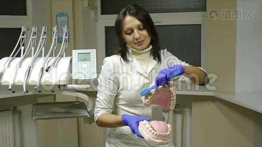 带手套的女牙科医生在下巴模型上展示如何用牙刷正确清洁牙齿视频