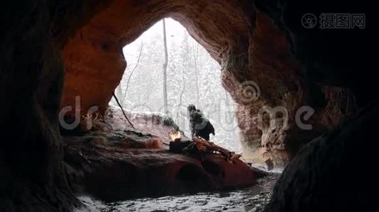 史前穴居人以冬林为背景，在石器时代摸雪视频