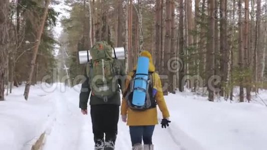 一个年轻人和一个女孩正沿着一条冬天的森林小径散步。视频