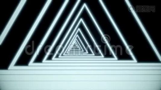 计算机生成的抽象霓虹灯三角隧道，包括在黑色背景上以红色移动的生动线条，3D视频