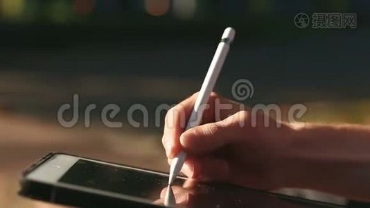 艺术家在公园用手写笔在平板电脑上画草图视频