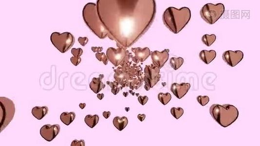 3D无限环心飞在粉红色的背景上。 对女性、母亲、情人节、生日祝福的爱的象征视频