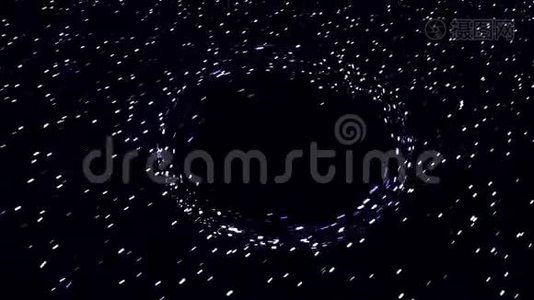 抽象快速飞行的恒星在外层空间穿越黑色虫洞，无缝环路.. 动画。 带有宇宙背景的视频