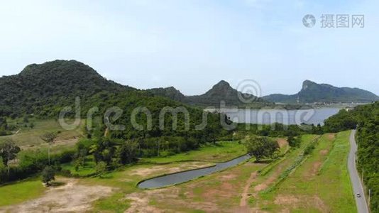 大河水库大坝景观及农村自然林山景观视频