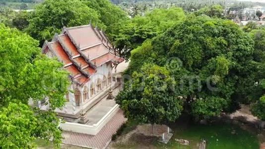 林间经典佛寺.. 从上面的无人机可以看到佛寺在山附近的绿树之间视频